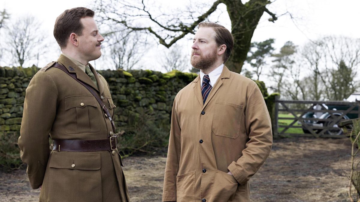 Callum Woodhouse in an army uniform as Tristan and Samuel West in a brown vet&#039;s coat as Siegfried in All Creatures Great and Small