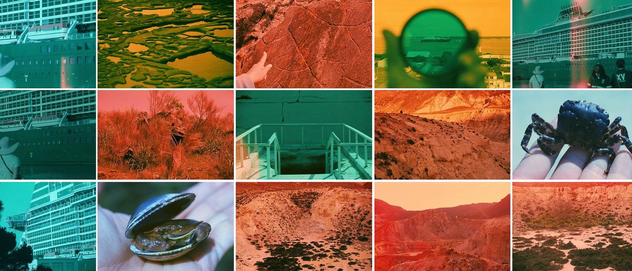 A series of chemically altered polaroids in the shades of orange, green, blue, and red captures different seaside, or desertic, locations around the world in a grid collage.