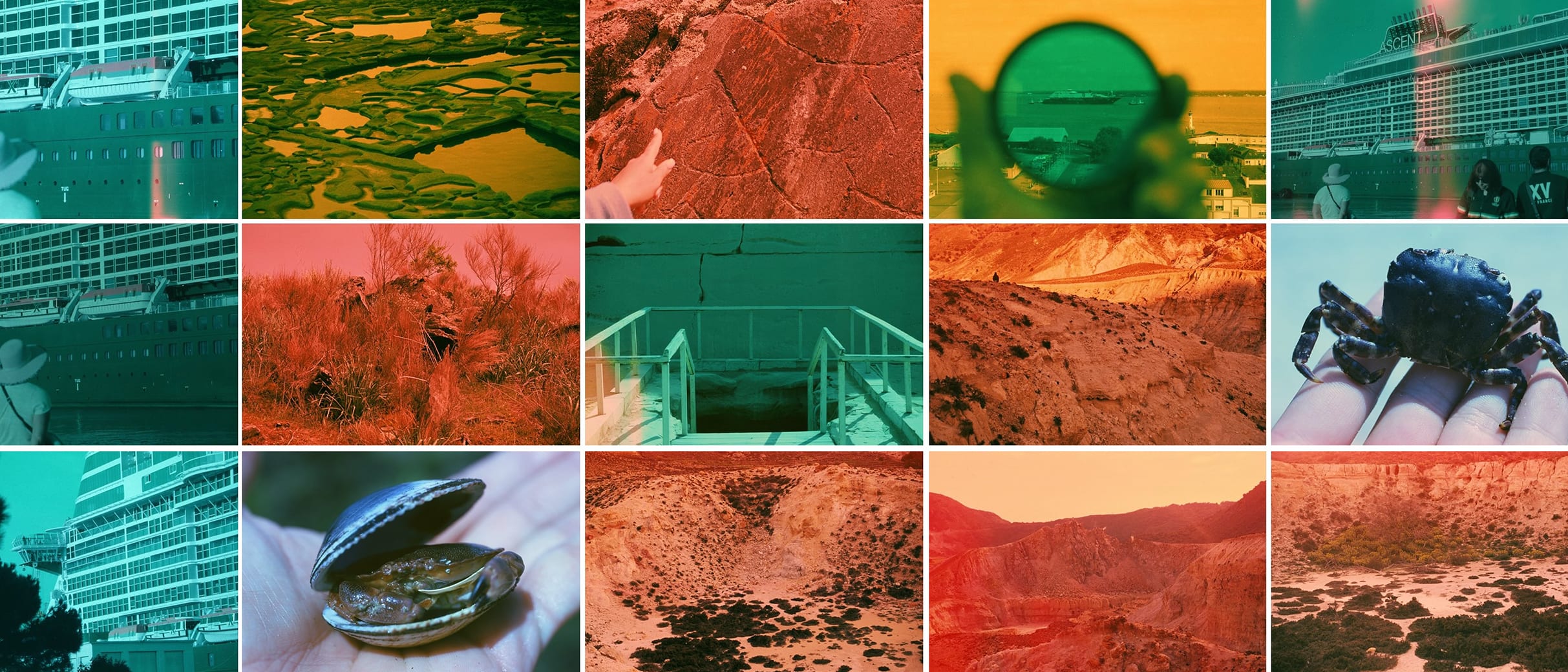 A series of chemically altered polaroids in the shades of orange, green, blue, and red captures different seaside, or desertic, locations around the world in a grid collage.