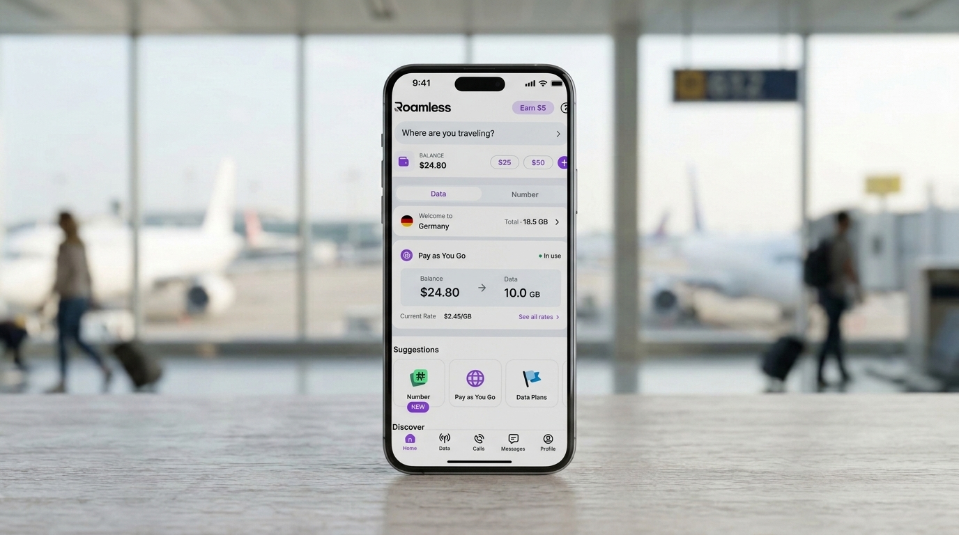 roamless esim on a phone in an airport