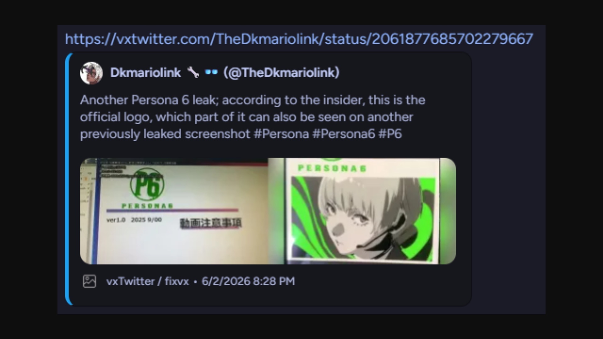 Social media post screenshot showing a tweet discussing a leak of "Persona 6." Includes alleged official logo and character artwork. #Persona #Persona6 #P6.