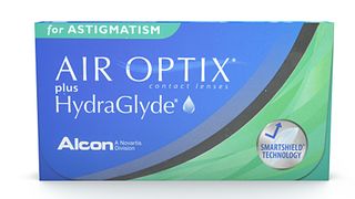 Contact Lens King review: An image showing a green and blue box of Air Optix plus HydraGlyde lenses