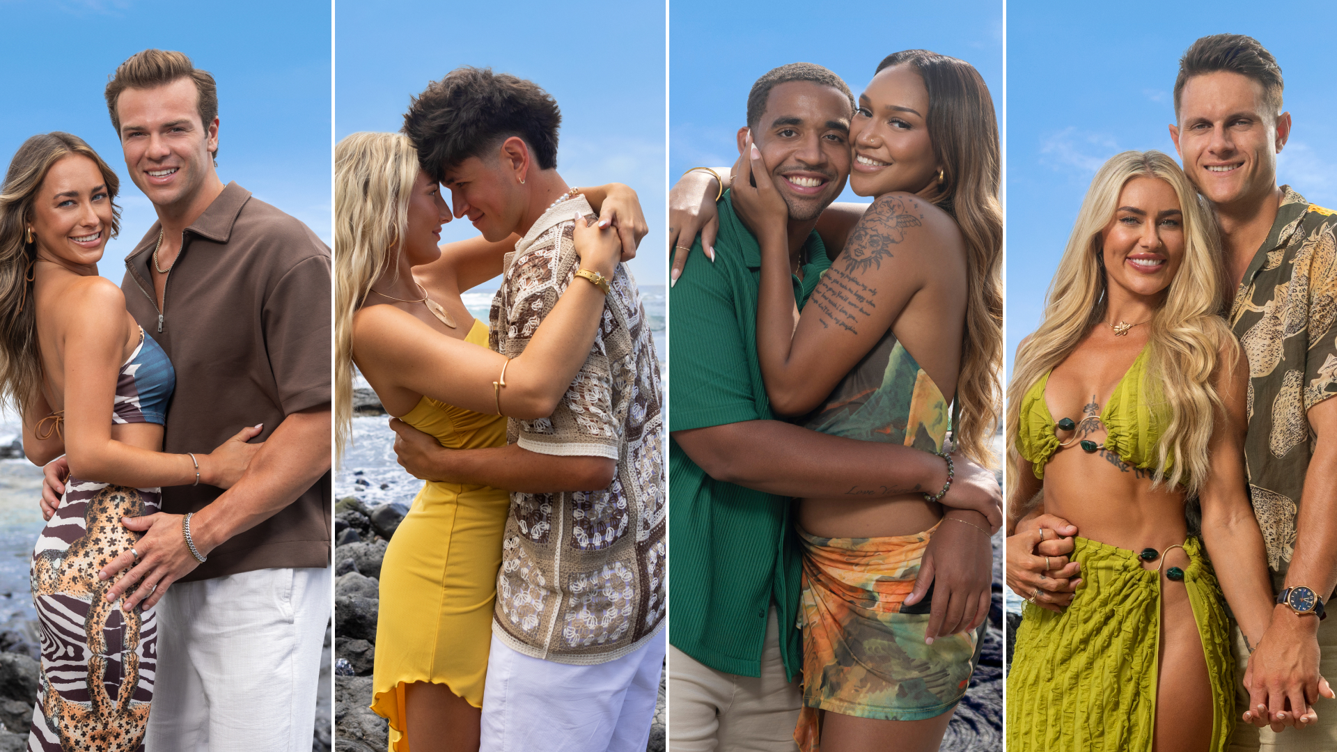 a split image of the couples from temptation island season 2 as they embrace one another on a beach