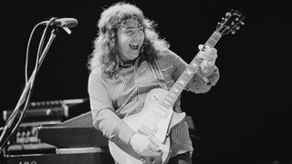 Bernie Marsden, guitarist with heavy rock band Whitesnake, playing the guitar on the set of a video shoot at Shepperton Studios, outside London, England, Great Britain, in 1978. 