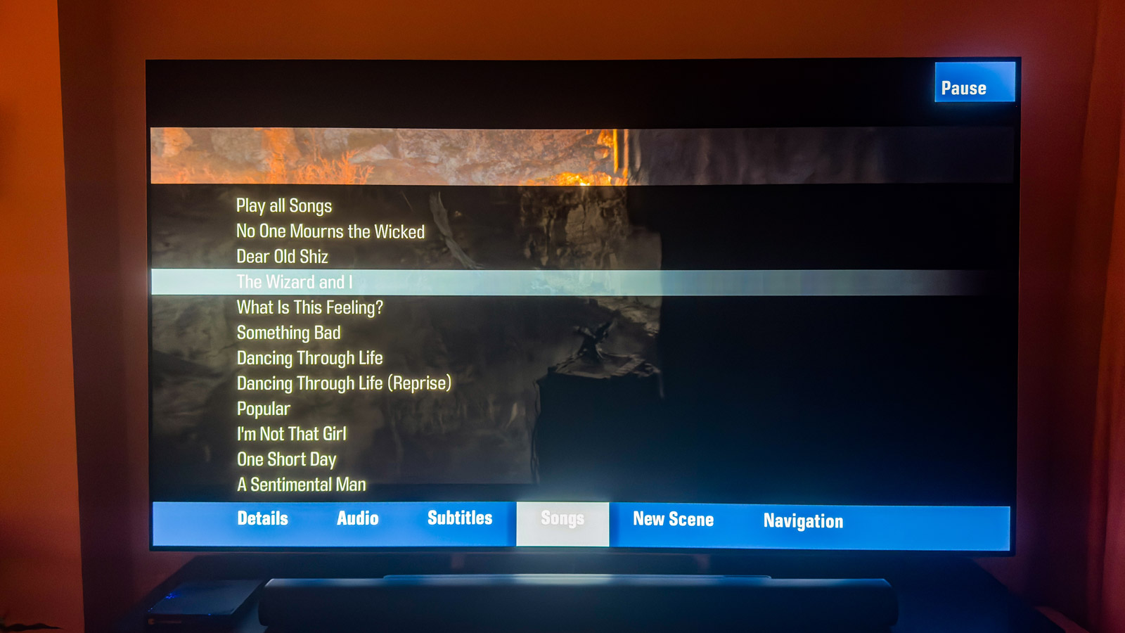 Song scene selection list of Wicked shown via the Kaleidescape Strato E movie player