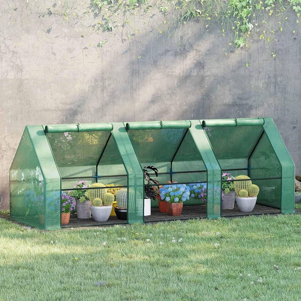 Outsunny greenhouse with the walls rolled up and plants inside