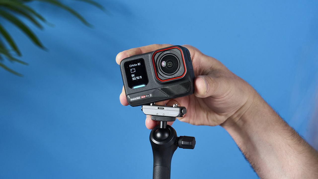 The Insta360 Ace Pro 2 against a blue background