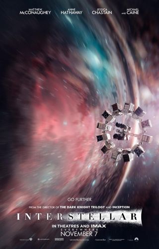 A theatrical poster for the 2014 film "Interstellar" shows the spaceship Endurance flying through a wormhole.