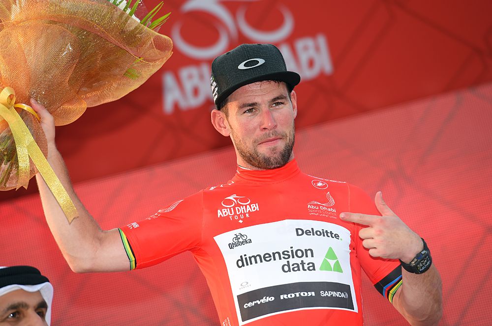 Mark Cavendish takes the red leader's jersey from Giacomo Nizzolo after winning stage 2 at stage 2 at 2016 Abu Dhabi Tour