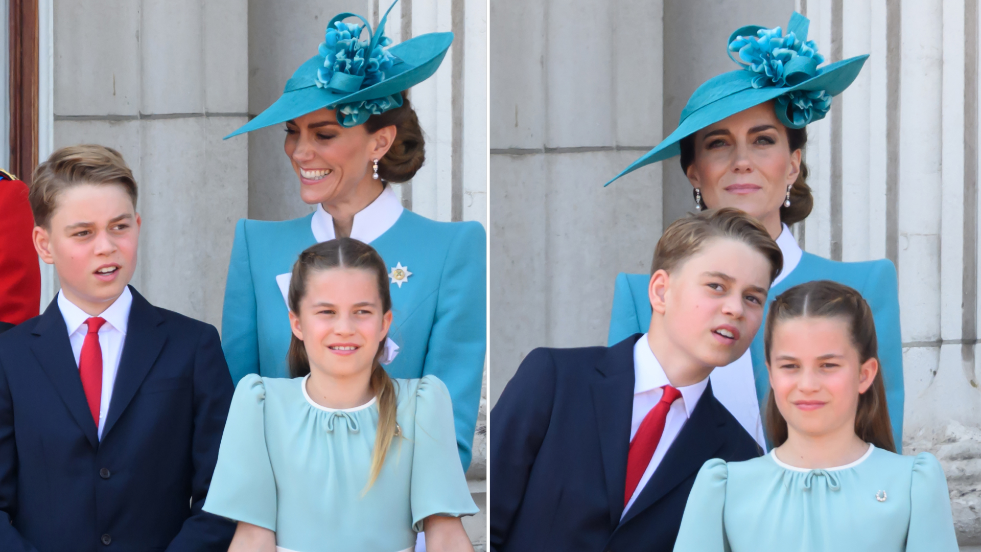 King George wears a navy suit with a white shirt and red tie, Princess Charlotte wears a light turquoise dress, and Kate Middleton wears an aquamarine coat dress to Trooping the Colour 2025