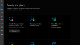 A screenshot of Windows 11's Security Center showing a number of security tools with one turned off with a red cross