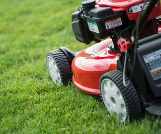 Close up of a red lawnmower cutting grass