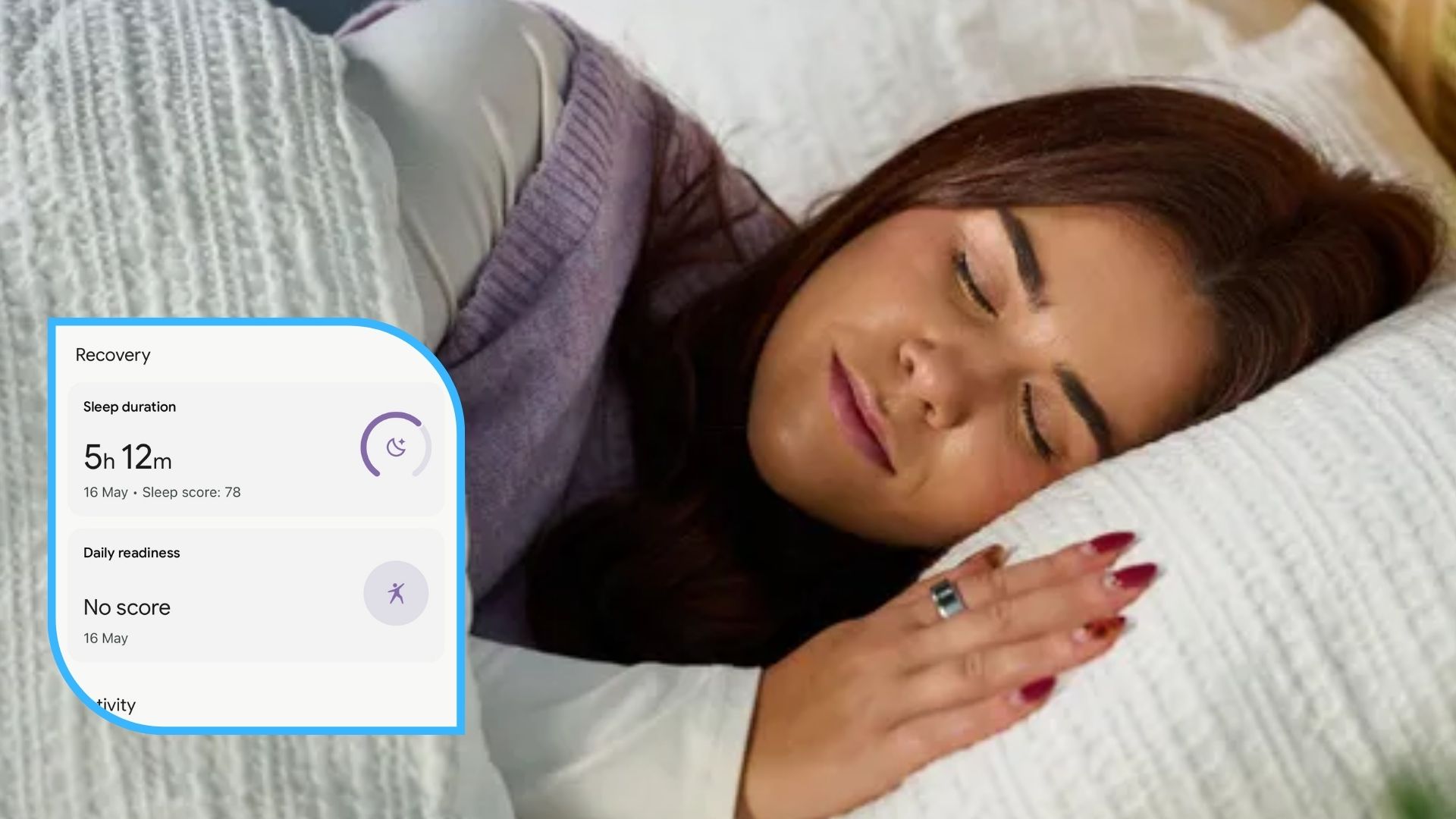 The image shows a dark haired woman sleeping on her side on a white pillow and under a white duvet. Inset to the left, graphics of a sleep stat show a sleep duration of 5h 12m