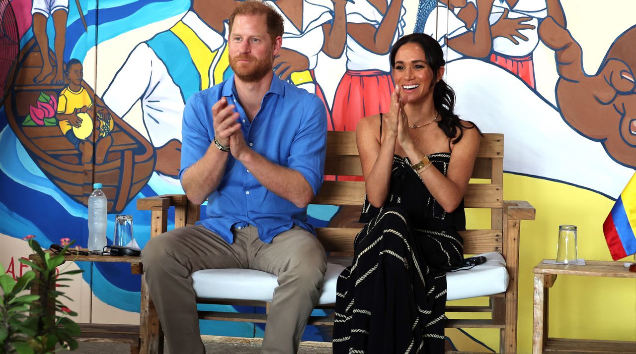 rince Harry, Duke of Sussex and Meghan, Duchess of Sussex at the Escuela Tambores de Cabildo during The Duke and Duchess of Sussex Colombia Visit on August 17, 2024 in Cartagena, Colombia