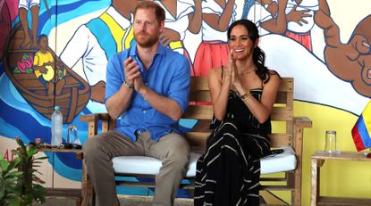 rince Harry, Duke of Sussex and Meghan, Duchess of Sussex at the Escuela Tambores de Cabildo during The Duke and Duchess of Sussex Colombia Visit on August 17, 2024 in Cartagena, Colombia