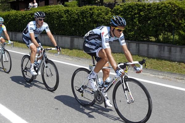 Alberto Contador sits in his Saxo Bank Sungard train.