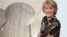 picture of chrome shower head running water with a cut out of Nancy Birtwhistle over top