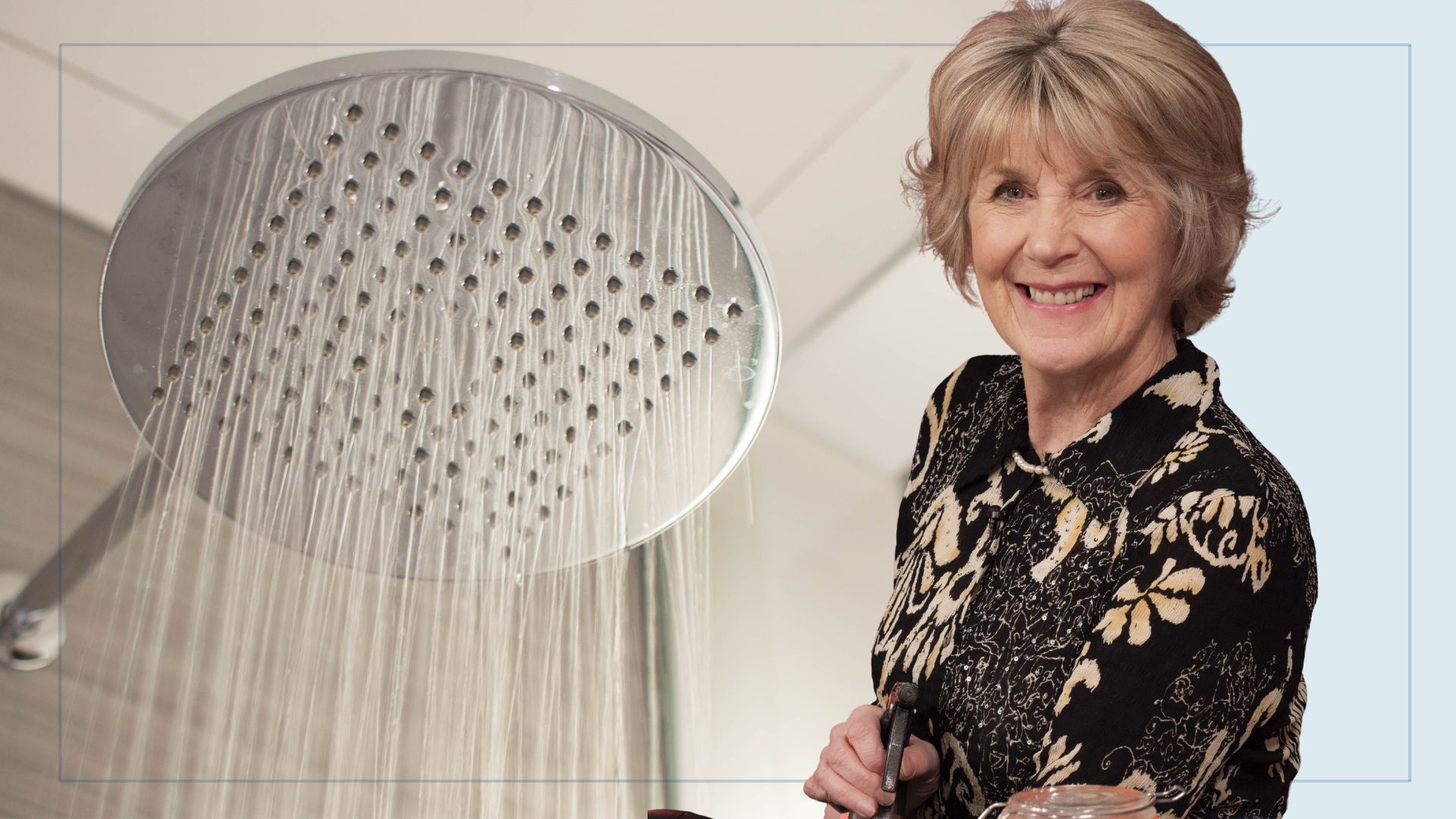 picture of chrome shower head running water with a cut out of Nancy Birtwhistle over top