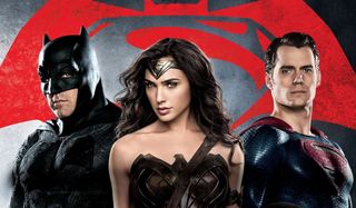 Batman v. Superman: Dawn of Justice Batman, Wonder Woman, and Superman line up in front of the logo