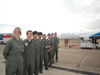 Members of the UCSD Microgravity Team await their first weightless flight on Zero Gravity Corporation's G-Force One jet on July 19, 2013, during NASA's Microgravity University weightless flight week. The University of California, San Diego team is: (left to right): Daneesha Kenyon, Andrew Beeler, Joshua Siu, Victor Hong, Nico Montoya, Joshua Sullivan, team leader Sam Avery, and Jack Goodwin. NASA mentor Christina Gallegos not pictured.