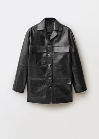 Mango, Oversized Leather Jacket With Pockets