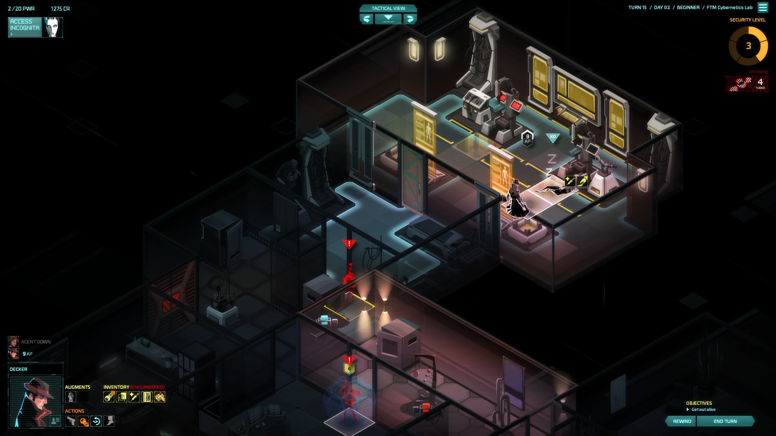 A downed agent in a cybernetic lab, with guards outside