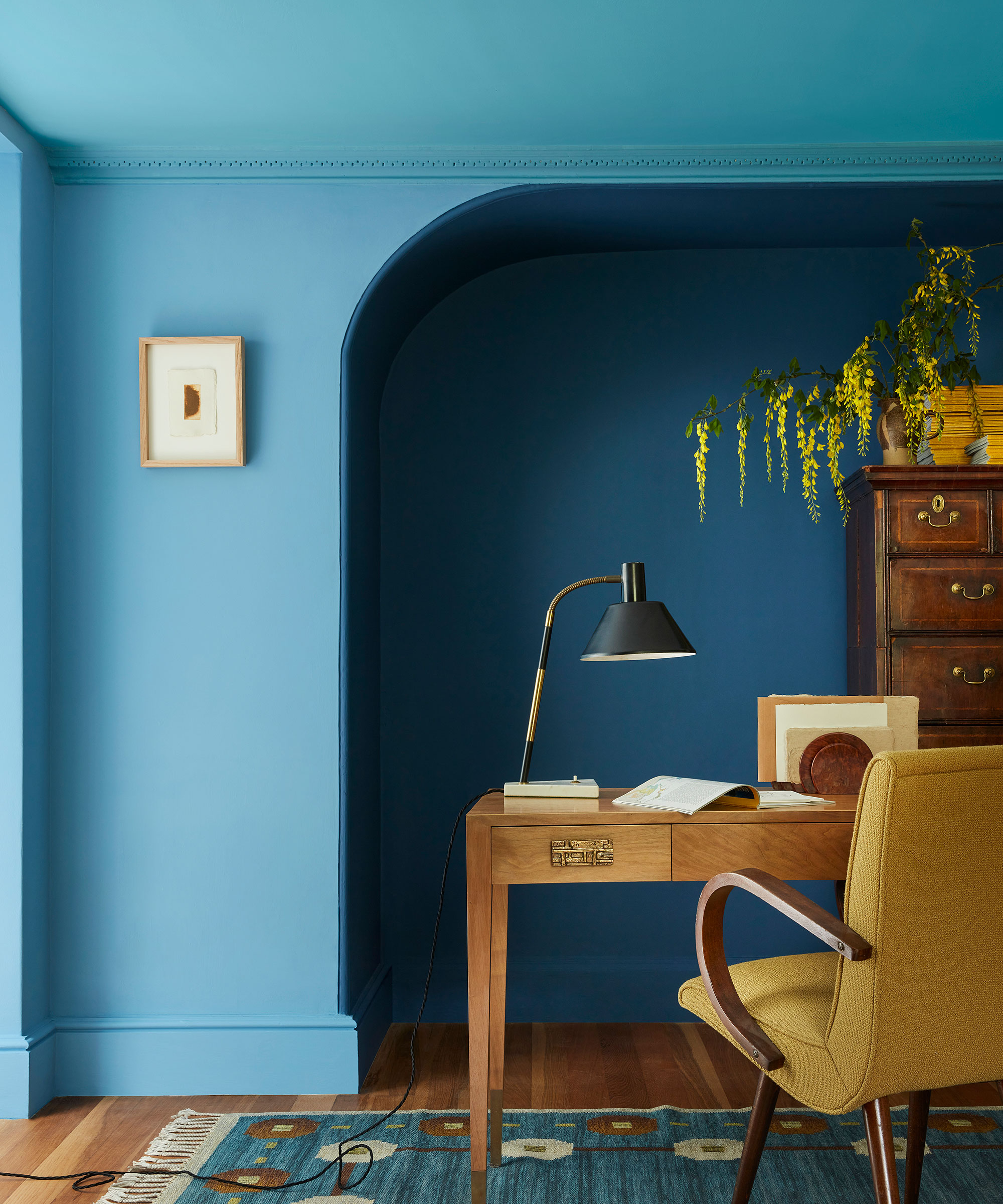 blue home office with colour drenching