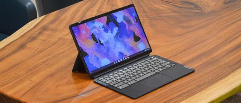 Lenovo IdeaPad Duet 5 Chromebook on a woodgrain tabletop