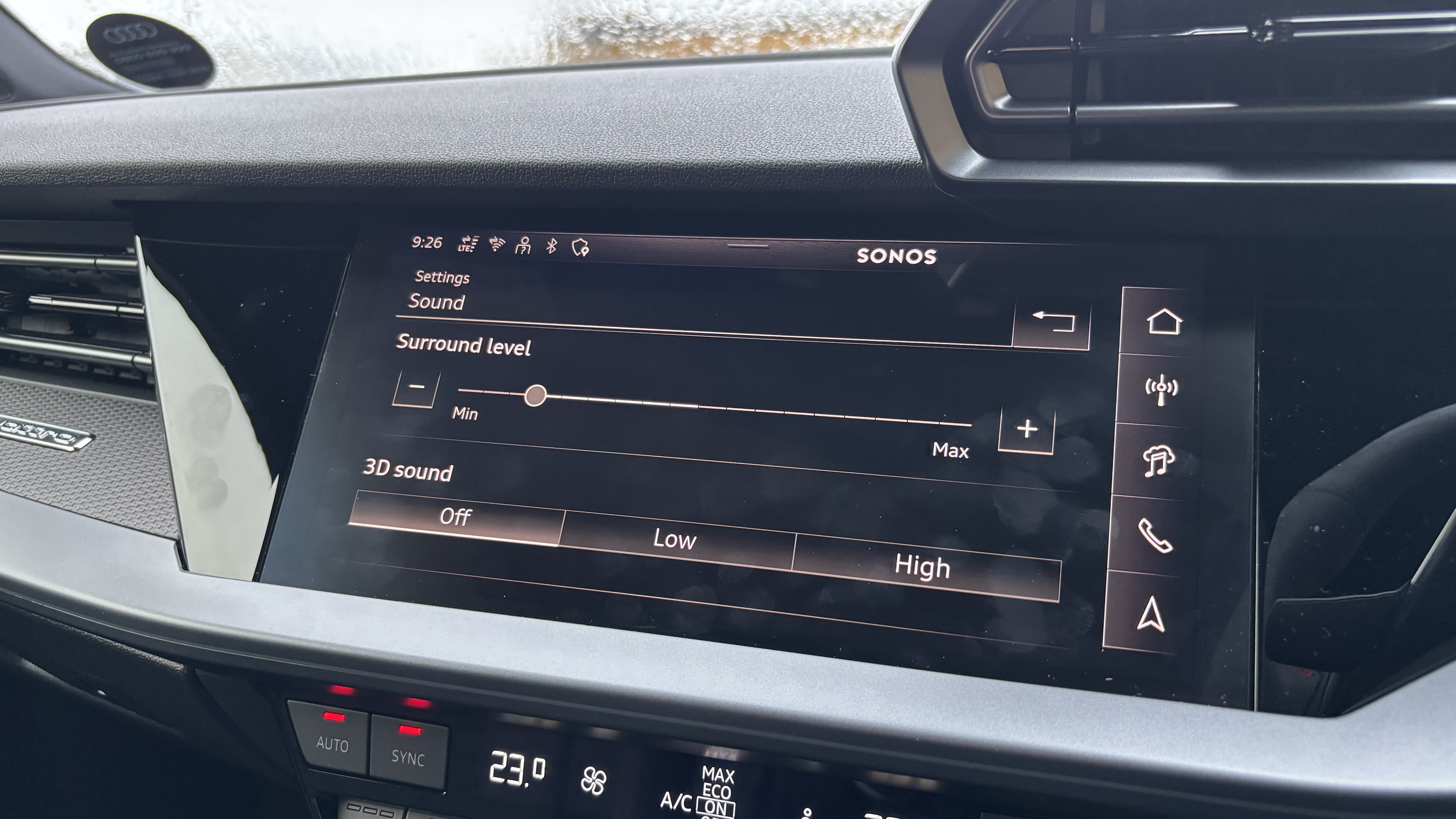 Sonos sound settings menu on an Audi A3 touchscreen