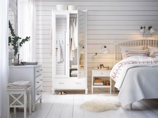 White bedroom with Tyssedal wardrobe by Ikea