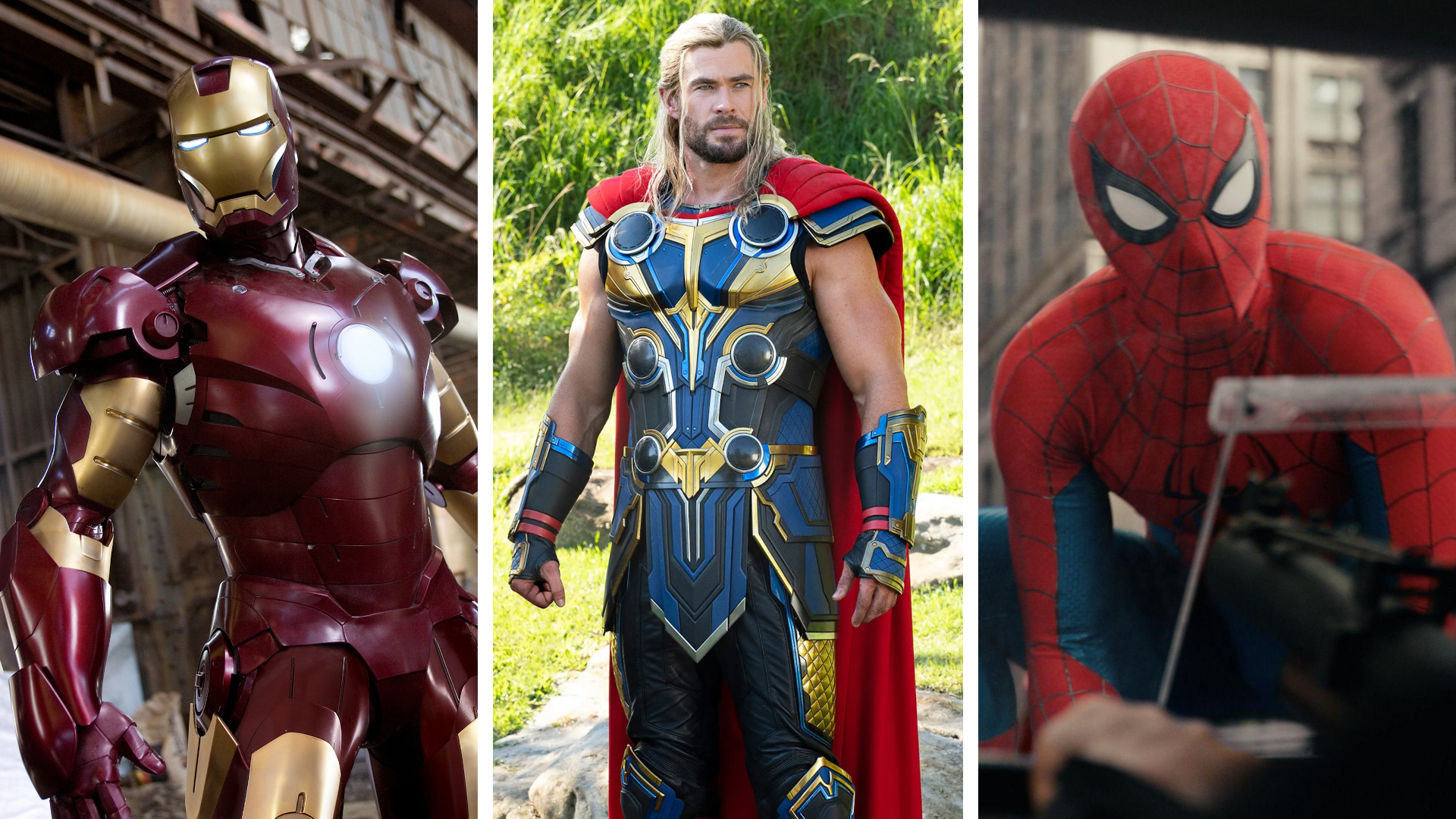 Split image showing screenshots from three Marvel movies. Left: Iron Man, Middle: Thor: Love and Thunder, and Right: Spider-Man: Brand New Day