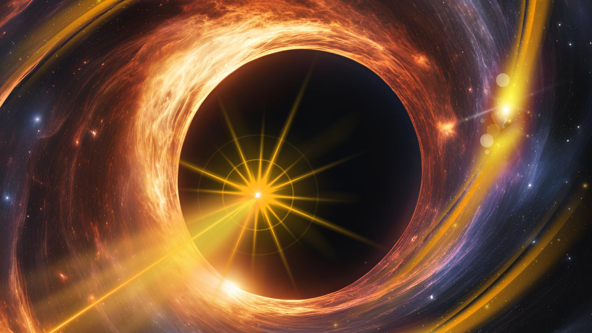 A black sphere surrounded by a glowing orange swirl. A tapered column is emerging from the black circle