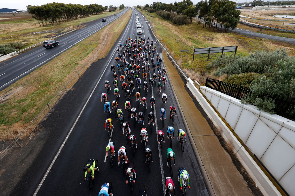WARRNAMBOOL, AUSTRALIA - FEBRUARY 04: The peloton rides during the 2023 Melbourne to Warrnambool Cycling Festival on February 4, 2023 in Warrnambool, Australia. (Photo by Con Chronis/Getty Images)
