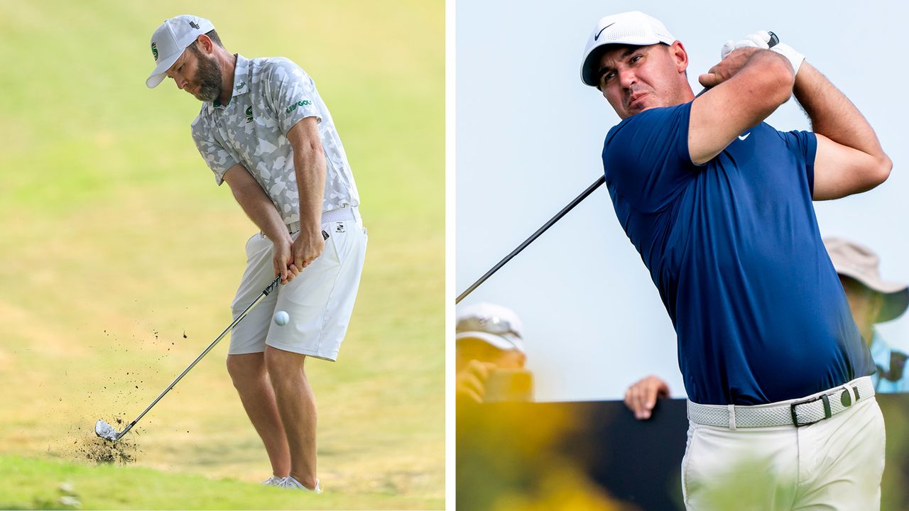 Branden Grace strikes a shot from under a tree, whilst Brooks Koepka strikes a tee shot with a driver