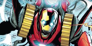 Tony Stark wears his Godbuster Iron Man suit