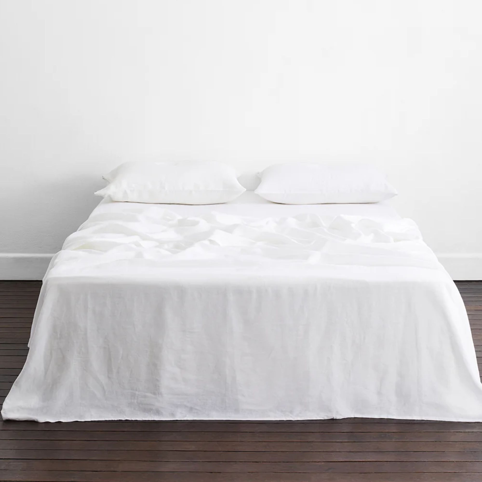 BedThreads White Flat Sheet on a wooden flooring with white walls behind