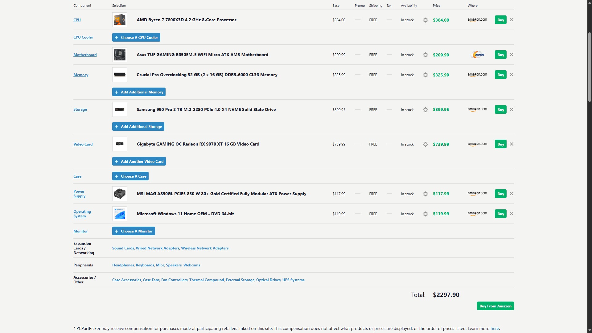 Screenshot of various PC parts gathered in PCPartPicker