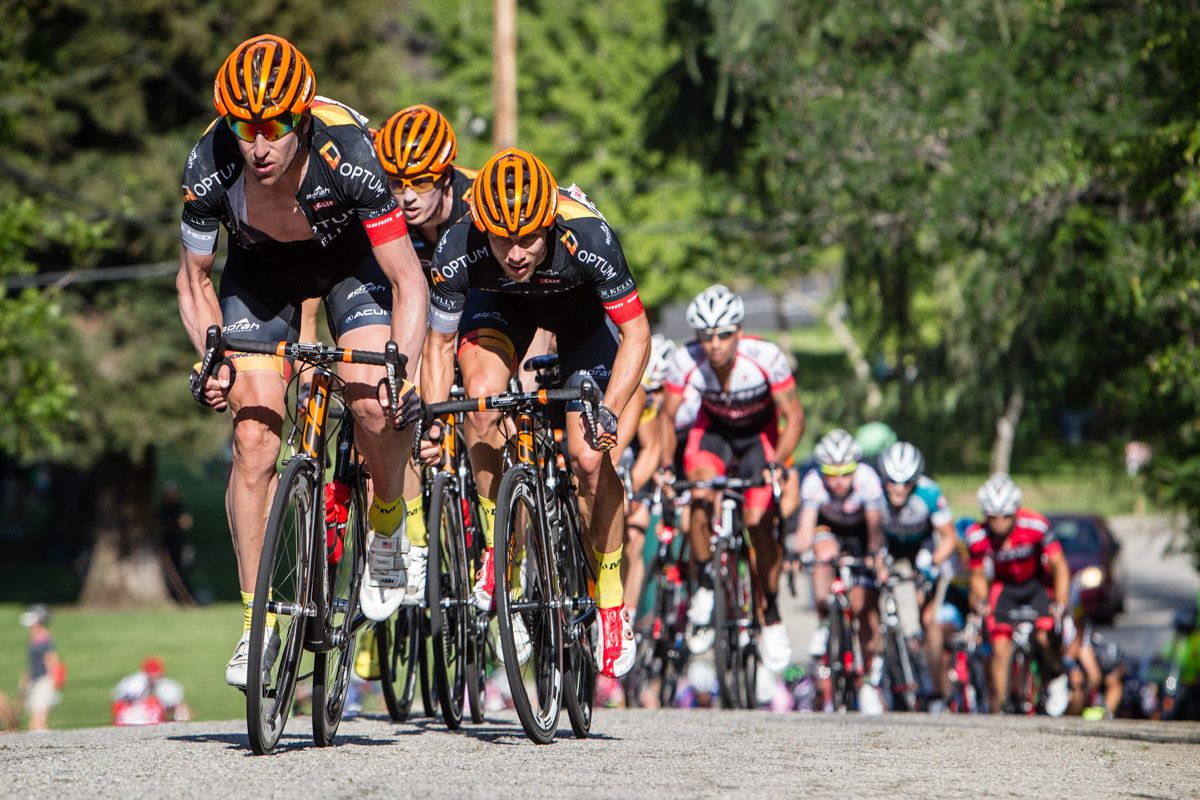 Tom Zirbel (Optum) leads the field to bring back the break.