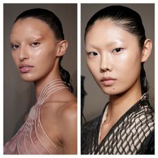 two models with dewy skin in a grid pattern
