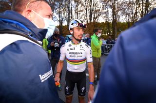 Julian Alaphilippe of France and Team Deceuninck - Quick-Step World Champion Jersey / Disappointment / during the 106th Liege - Bastogne - Liege 2020, (Getty Images Sport)