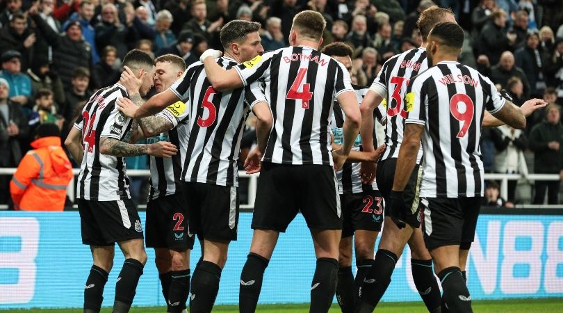 Newcastle players celebrate Miguel Almiron&#039;s winner against Wolves at St James&#039; Park in the Premier League in March 2023.