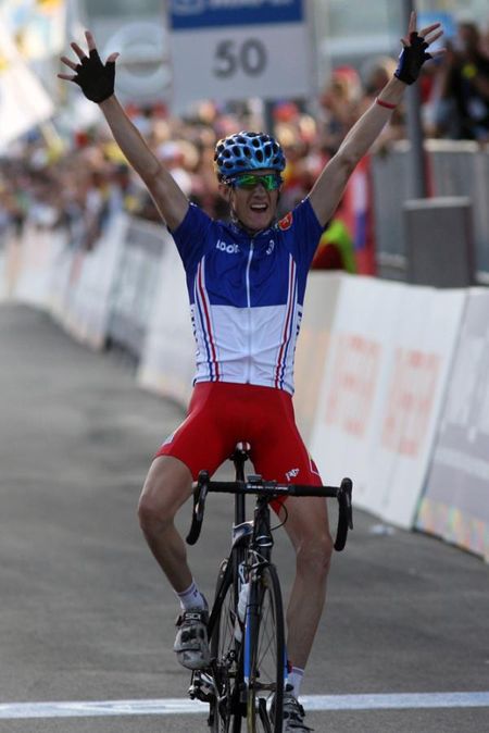 Romain Sicard (France) crosses the finish line as winner of the Under-23 World title.