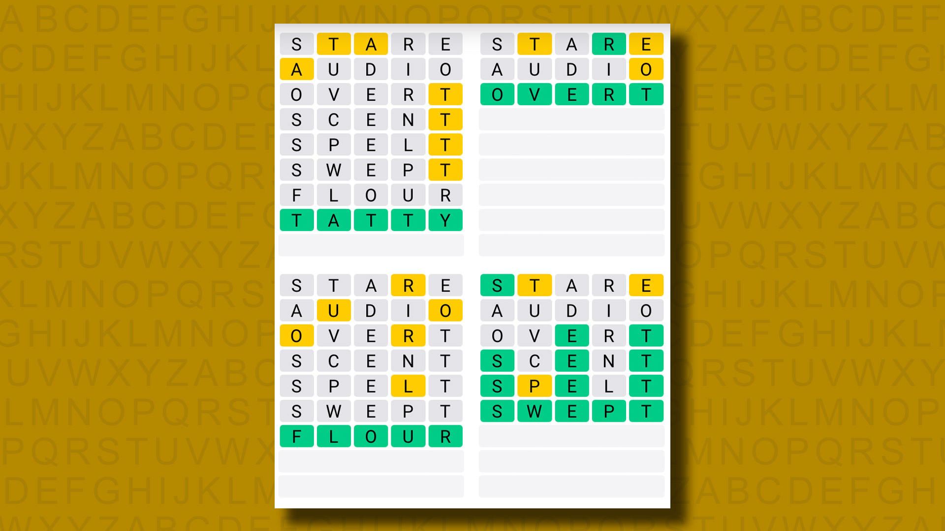 Quordle answers for game 1067 on a yellow background