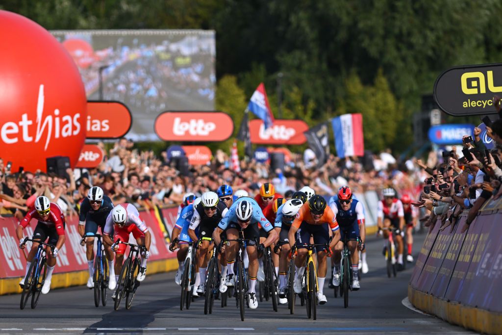 HASSELT BELGIUM SEPTEMBER 15 LR Mads Pedersen of Team Denmark Stanislaw Aniolkowski of Team Poland Madis Mihkels of Team Estonia gold medalist Tim Merlier of Team Belgium and Olav Kooij of Team Netherlands sprint at finish line during the 30th UEC Road Cycling European Championships 2024 Mens Elite Road Race a 2228km one day race from HeusdenZolder to Hasselt on September 15 2024 in Hasselt Belgium Photo by Luc ClaessenGetty Images
