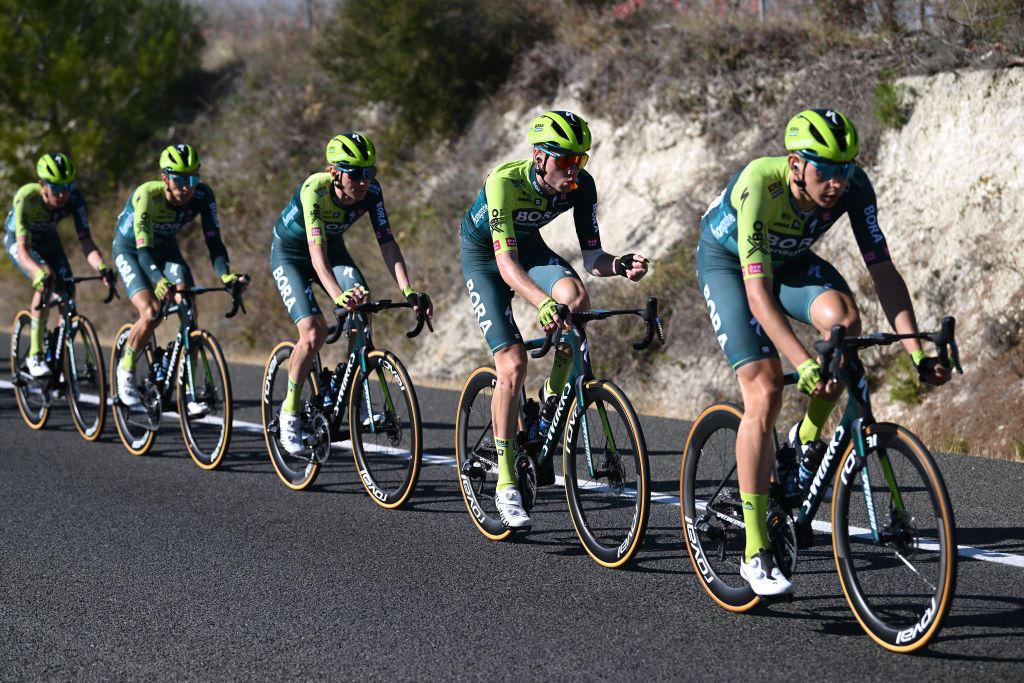 CANALS SPAIN FEBRUARY 01 Aleksandr Vlasov of Rusia and Team BORA Hansgrohe competes during the to the 75th Volta a la Comunitat Valenciana 2024 Stage 2 a 1627km stage from Canals to Mancom de la Valldigna on February 01 2024 in Canals Spain Photo by Dario BelingheriGetty Images