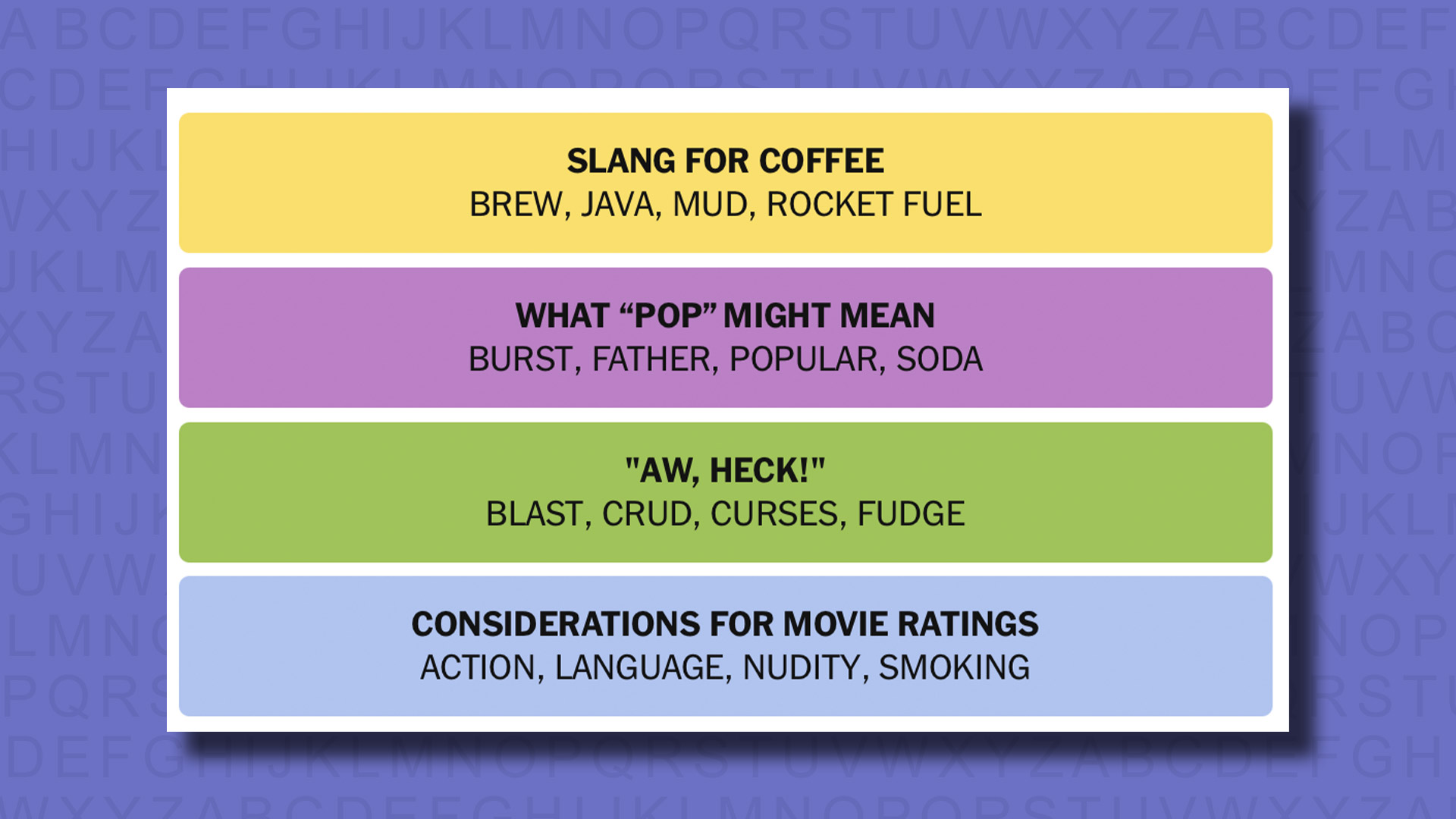 NYT Connections answers for game 735 on a purple background