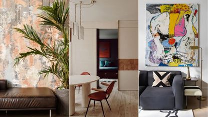houseplant, retro living room, bold artwork on wall