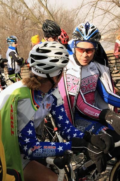 Two champions Steve Tilford, left, and Kevin Hines discuss the world championships before the start of the 50-54 race.