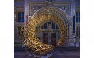 Timber wave installation in London outside the v&a