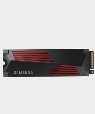 Image of the Samsung 990 Pro SSD with a heatsink, with a plain gray background.